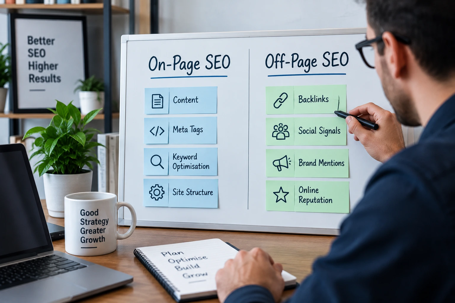 SEO specialist comparing on-page and off-page SEO factors on a whiteboard