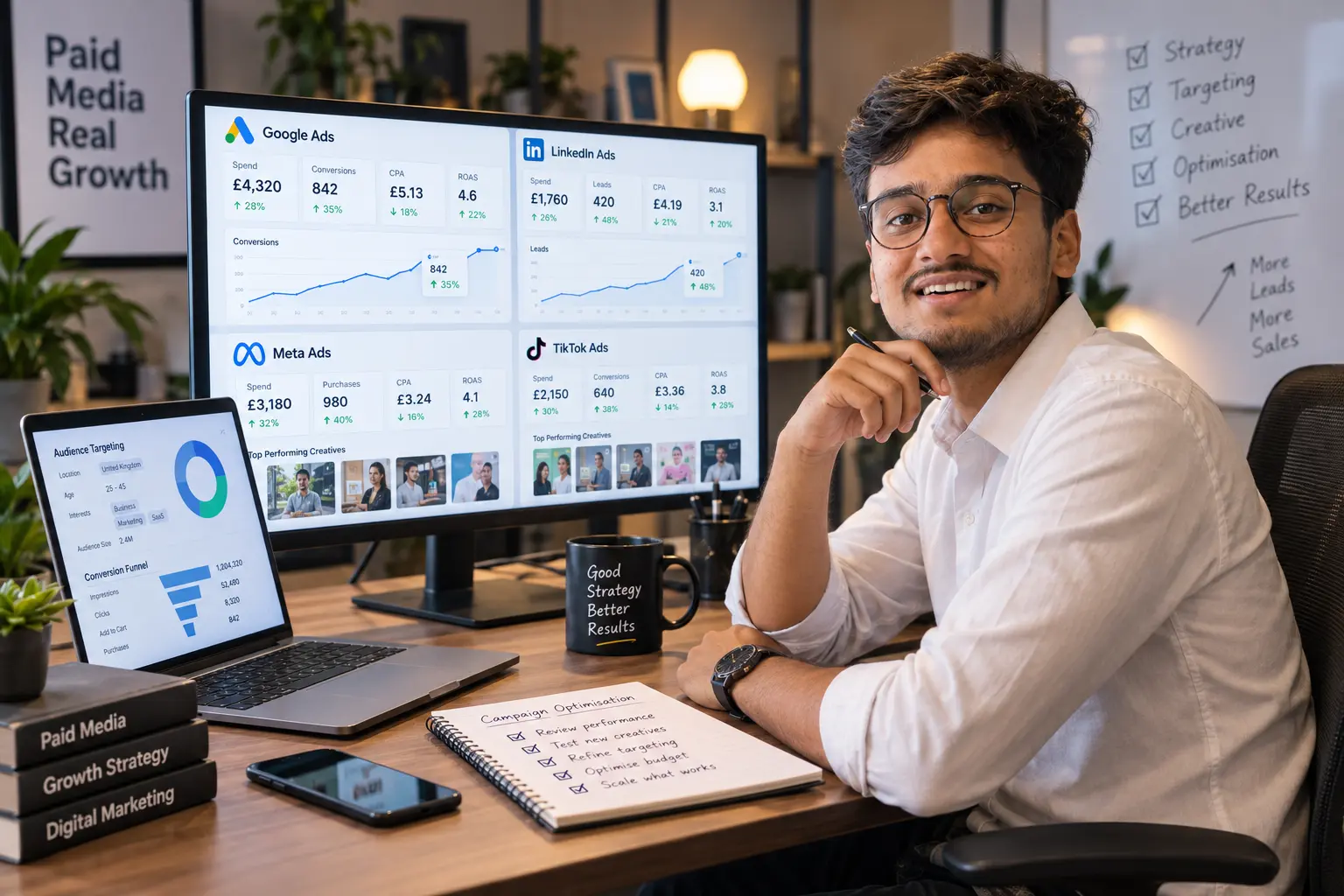 Paid media consultant planning digital advertising strategy and campaign performance
