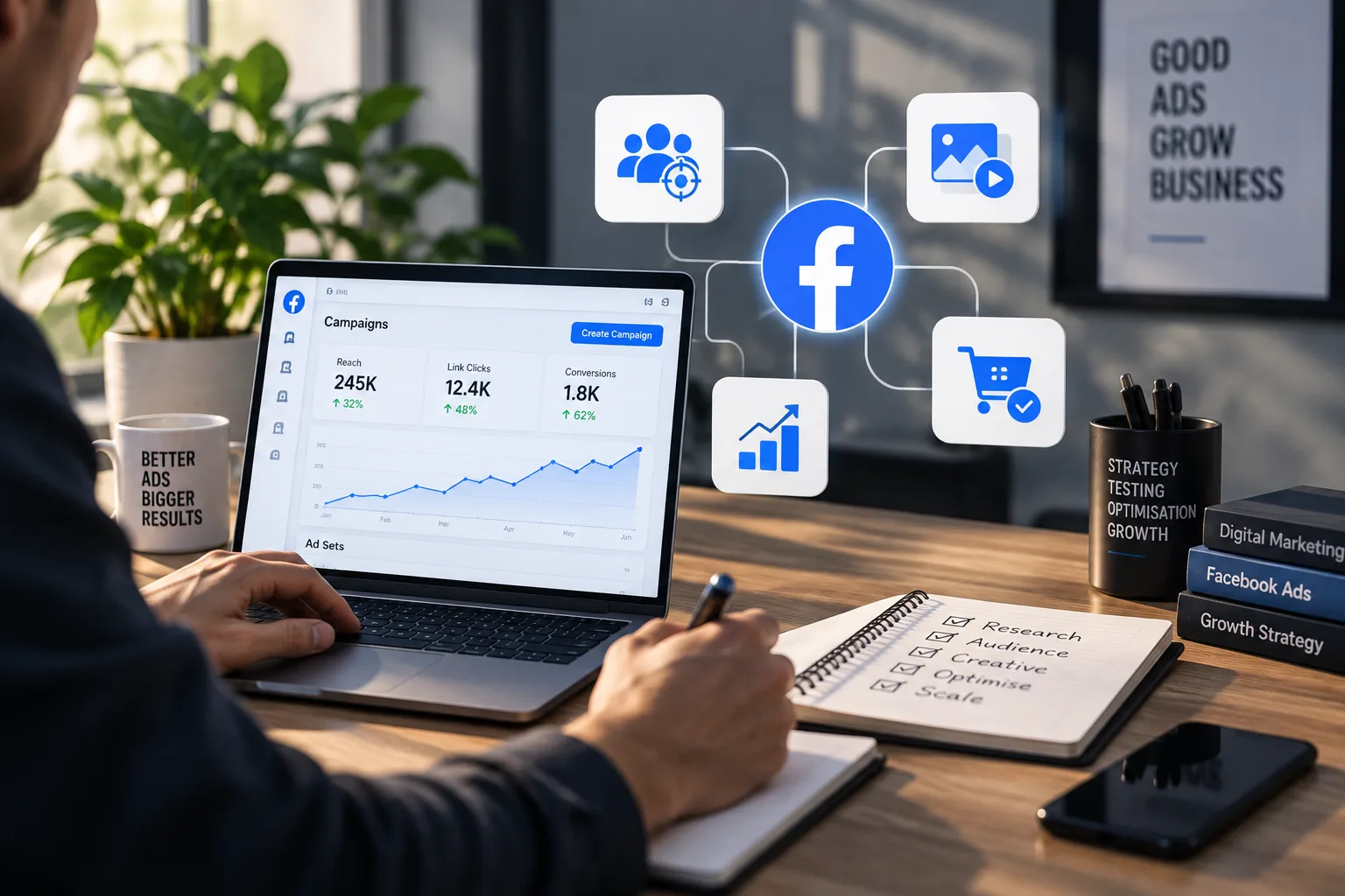 Facebook Ads consultant planning and improving Meta advertising campaigns