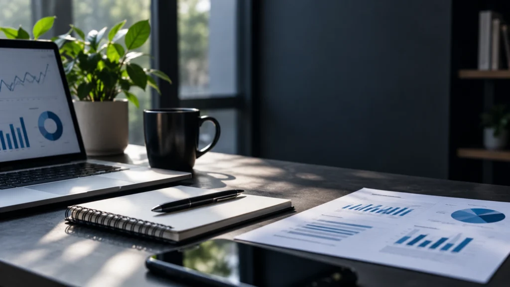 Modern office workspace with a laptop displaying analytics charts, printed marketing reports, notebook, pen and coffee mug on a dark desk, with soft natural light and a blurred background.