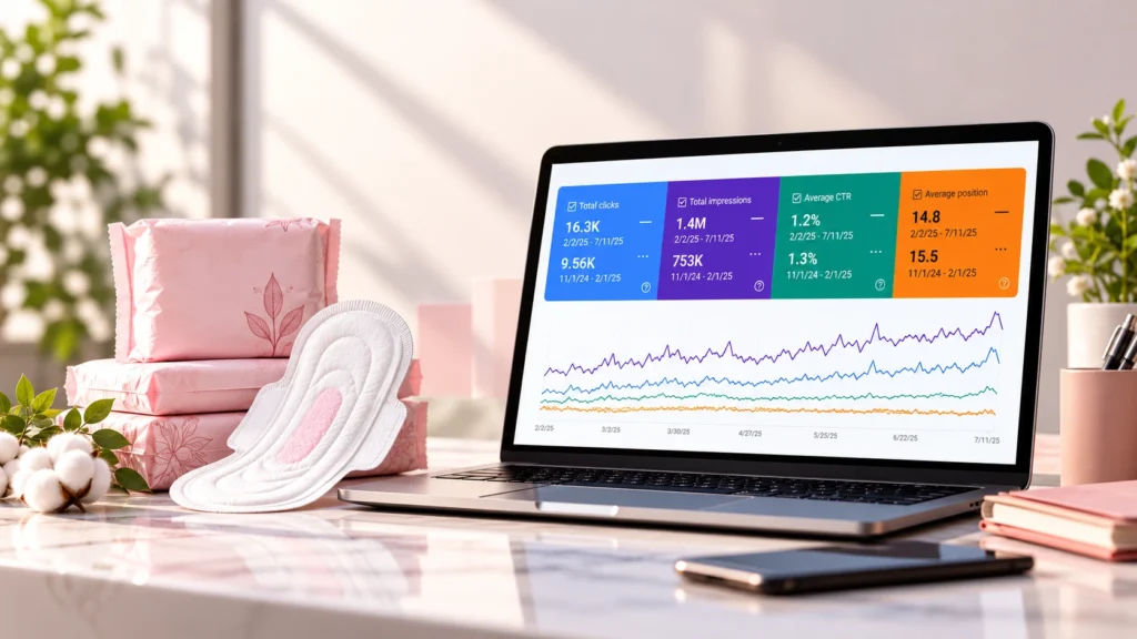 Sanitary pad SEO case study featuring pink product packaging and Google Search Console performance metrics on a laptop.